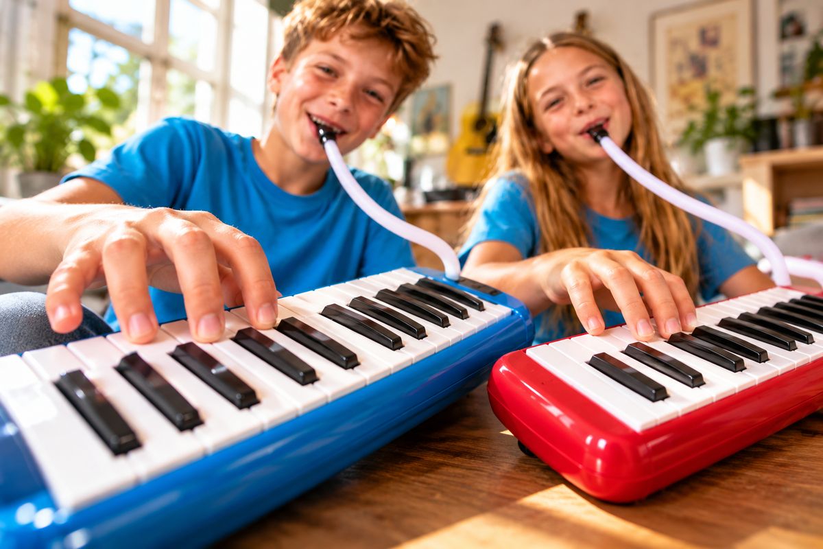 Zwei Kinder spielen fröhlich Melodika an einem sonnigen Tisch